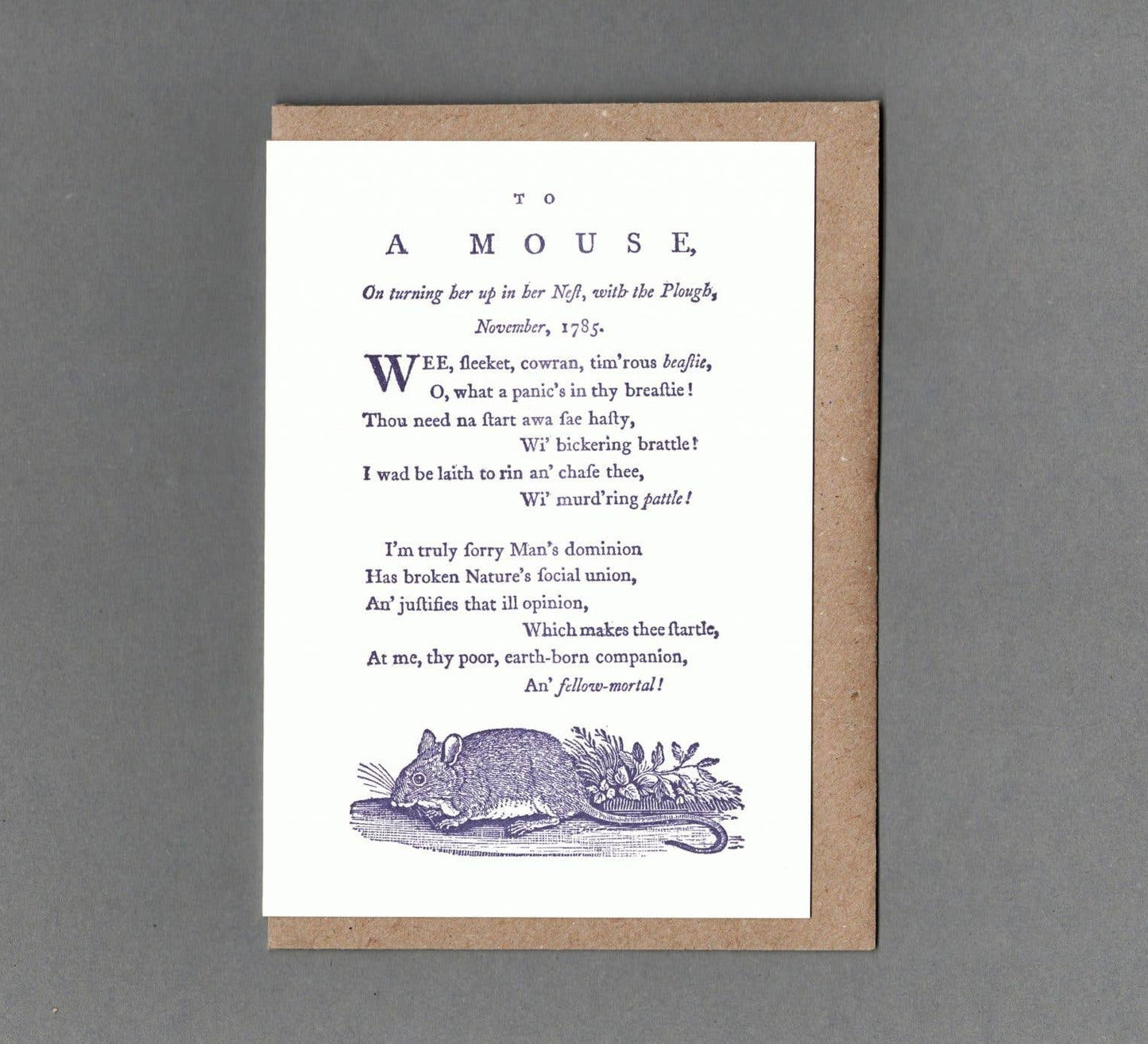 To a Mouse. Letterpress Greeting Card, Eco Friendly