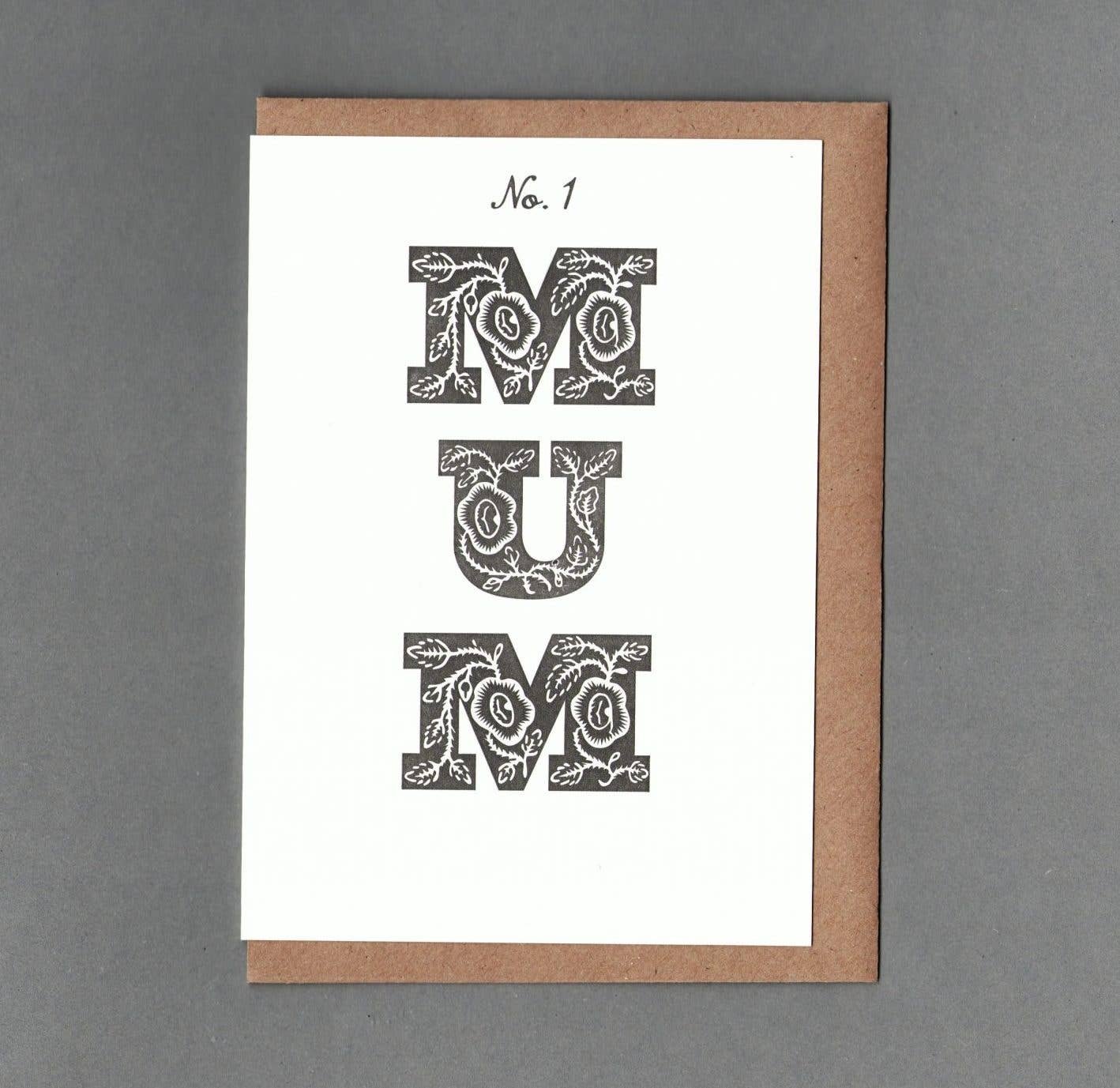 No.1 Mum B&W. Letterpress Greeting Card, Eco Friendly
