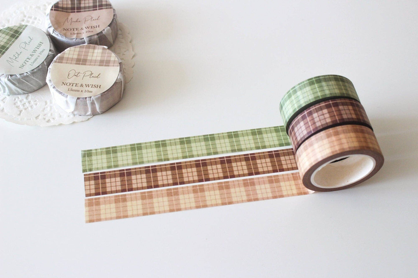 Plaid Washi Tape Set, Dark Brown Oat Cream Matcha Green Note & Wish Washi Set