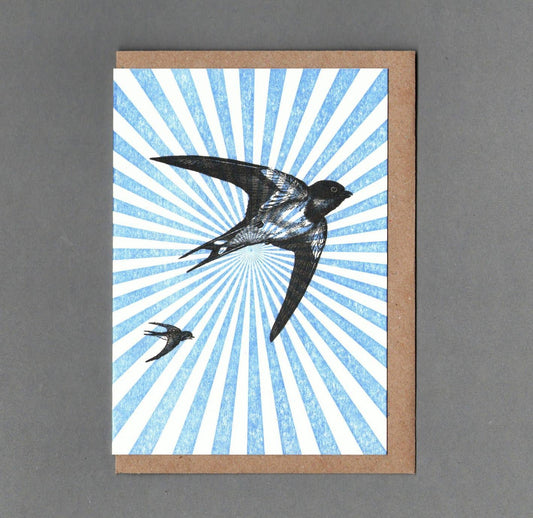 Swallow Starburst. Letterpress Greeting Card, Eco Friendly